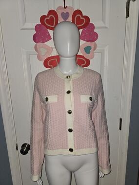 Ann Taylor Pink & Cream Contrast-Trim Knit Cardigan with Gold Buttons